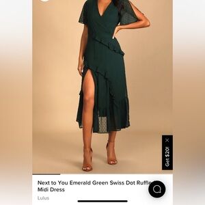 Lulus Next to You Emerald Green Swiss Dot Ruffled Midi Dress, size M
